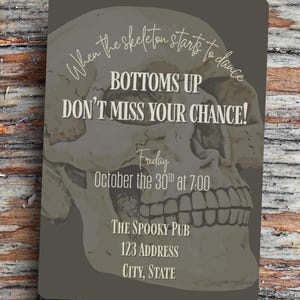 Halloween Skeleton Invite Bottoms Up Invite Skeleton Halloween Invitation Skeleton Invite Adults Halloween Party Invite