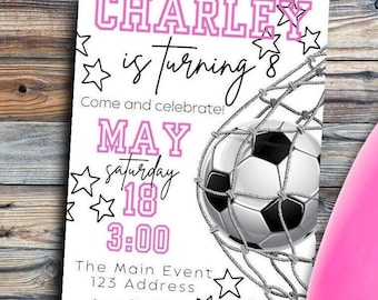 Invito per festa di compleanno a tema calcio per ragazze, invito per festa di calcio, download digitale, invito per compleanno a tema calcio, compleanno a tema calcio rosa, festa di calcio viola