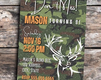Don't Miss Deer Jagd Camo Deer Geburtstag Party Einladung Benutzerdefinierte Digital Download Jungen Teen Girl Tarnung Jäger Orange einladen