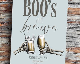 May include: A light blue rectangular invitation card with the text "BOO'S and brews". The card features illustrations of two beer glasses held by skeleton hands. The text also includes the date, time, and location of an event.