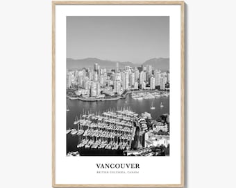Vancouver Canada fotoafdruk zwart-wit, poster Brits-Columbia, muurkunst westkust Canada