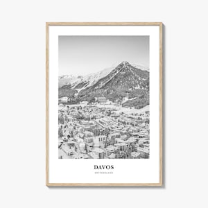 Impresión fotográfica de Davos en blanco y negro, póster de los Grisones, arte mural de Suiza, decoración de los Alpes suizos