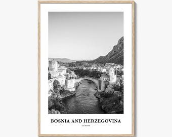 Bosnia and Herzegovina Photo Print Black and White, Neretva Wall Art, Stari Most Decor