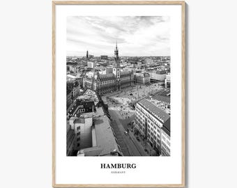 Hamburg Photo Print Black and White, Germany Poster, Elbe River Wall Art, City Hall Decor