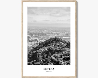 Fotografia impressa em preto e branco de Sintra, pôster de Portugal, arte de parede do bairro de Lisboa.