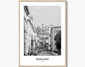 Impressão fotográfica de Bergamo em preto e branco, pôster da Itália, arte de parede da Lombardia, decoração da Città Alta.