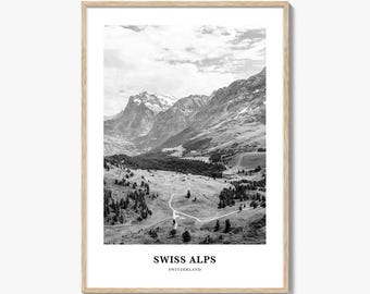 Zwitserse Alpen fotoafdruk zwart-wit, poster Zwitserland, muurkunst Alpenregio, decor Engadin