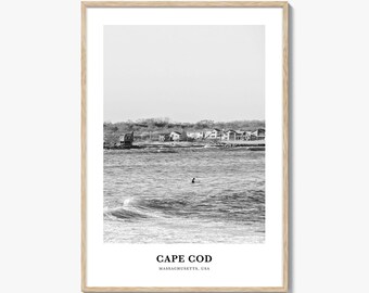 Czarno-biały wydruk fotograficzny Cape Cod, plakat Massachusetts, sztuka ścienna Nowej Anglii, wystrój Atlantyku