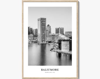Czarno-biały wydruk fotograficzny z Baltimore, plakat z Maryland, sztuka ścienna Inner Harbor, wystrój USA