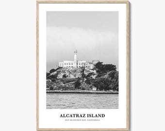 Stampa fotografica in bianco e nero dell'isola di Alcatraz, poster della California, arte murale degli Stati Uniti