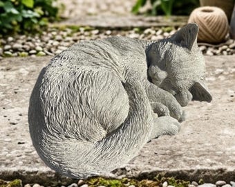 Estatua de gato durmiendo de hormigón, escultura de jardín de gatito acurrucado de 12,7 cm, piedra conmemorativa de mascotas de cemento, figura para césped exterior, regalo para amantes de los gatos