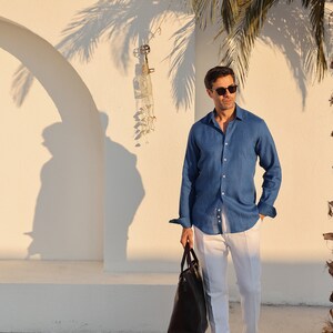 Blue Linen Shirt For Men 100% Natural Linen Shirt image 2