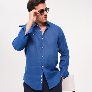 Blue Linen Shirt For Men 100% Natural Linen Shirt image 6