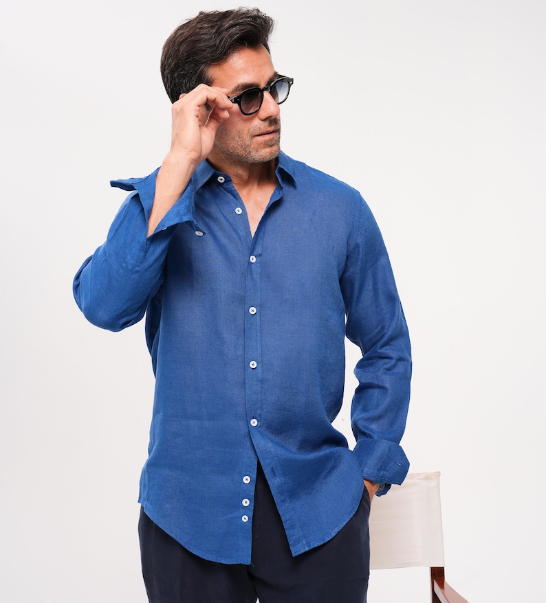 Blue Linen Shirt For Men 100% Natural Linen Shirt image 6