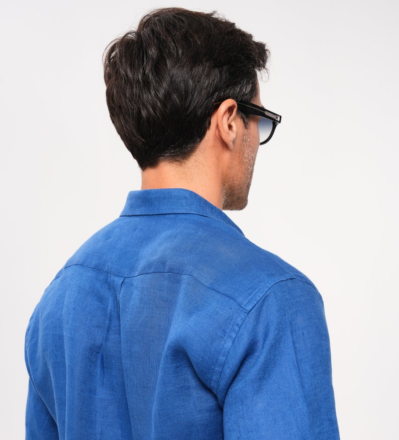 Blue Linen Shirt For Men 100% Natural Linen Shirt image 8