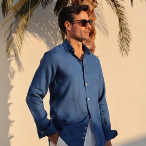Blue Linen Shirt For Men 100% Natural Linen Shirt image 1