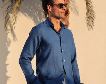 Blue Linen Shirt For Men- 100% Natural Linen Shirt
