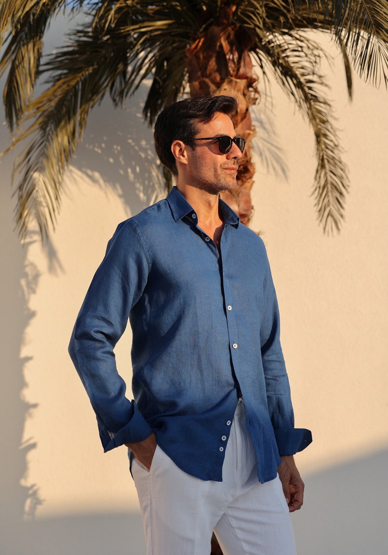 Blue Linen Shirt For Men 100% Natural Linen Shirt image 1