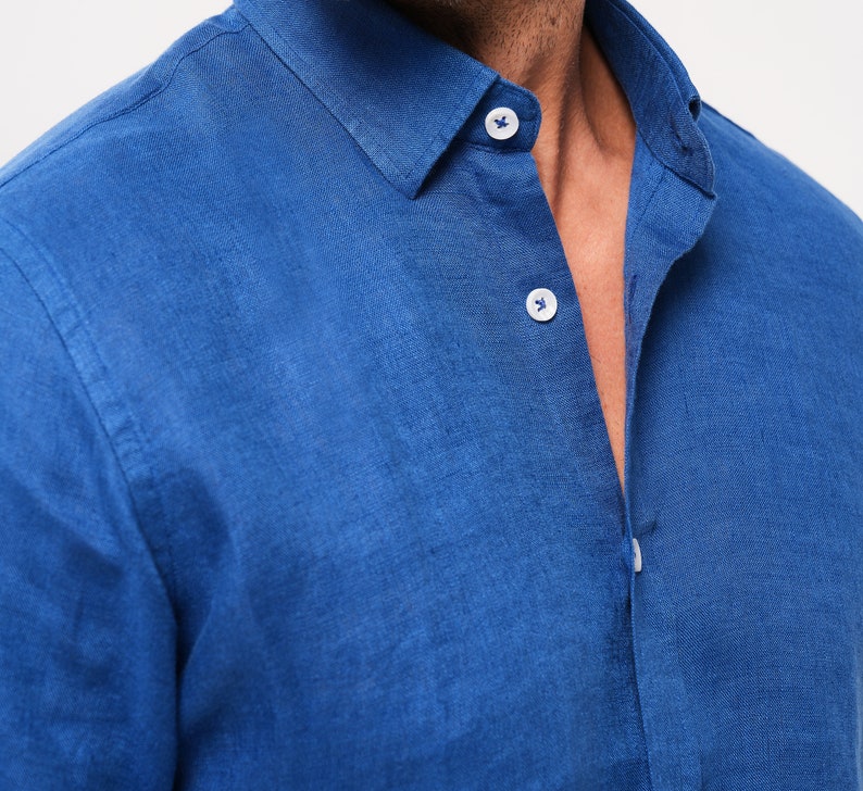 Blue Linen Shirt For Men 100% Natural Linen Shirt image 7