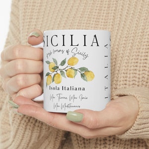 Sicilia Italien Kaffeebecher, Sicilia Zitronen Becher, Sizilien Insel Italien Becher, Italien Geschenk, italienische Kaffeetasse, sizilianisches Geschenk Keramikbecher 11 Unze