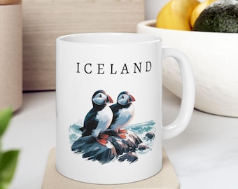 Island Kaffeebecher, Aquarell Island Papageientaucher Wildlife Reisegeschenk, Keramikbecher