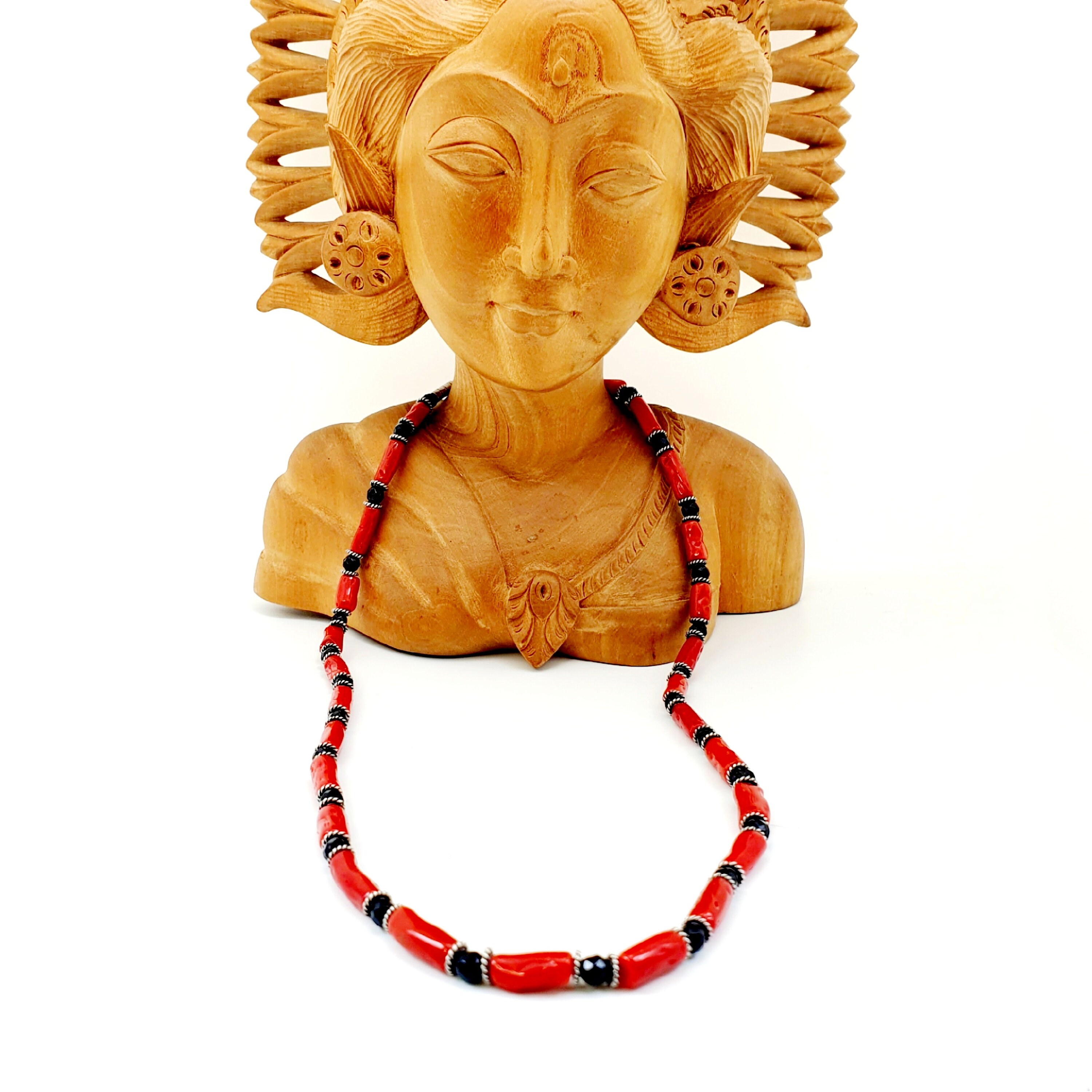 Collier En Corail Rouge Naturel Et Onyx - Argent 925, Longueur 54cm