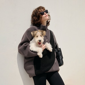Känguru-Beutel Fleece Haustier Tasche Schwarz Grau Pullover Paar Pullover Hund Katze Träger Haustier Bevorzugung Große Tasche Geschenk für Hund Katzenbesitzer Hundeliebhaber