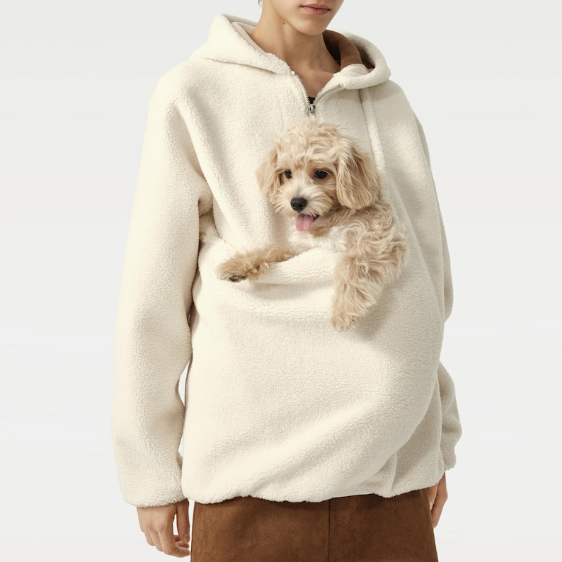 Marsupio unisex con cappuccio in pile patchwork Kangaroo Pouch: marsupio invernale caldo per cani e gatti White