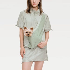 May include: A light green pet carrier sling with a small dog peeking out. The sling is integrated into a matching short-sleeved top and skirt. The dog has brown and tan fur.