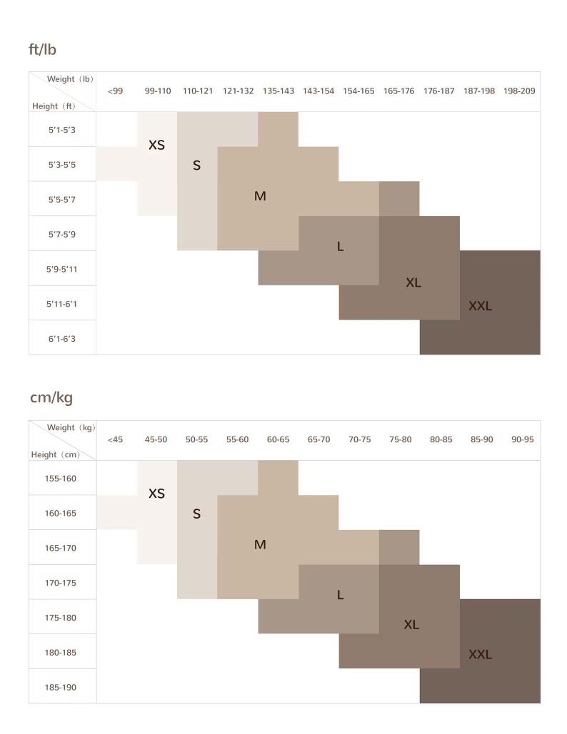 Pu&ograve; includere: Una tabella delle taglie di abbigliamento, con misure in piedi/libbre e centimetri/chilogrammi. La tabella mostra le taglie dalla XS alla XXL, correlando gli intervalli di altezza e peso. La combinazione di colori utilizza tonalit&agrave; beige e marrone.