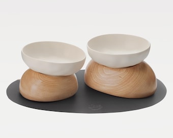 Handmade Ceramic Pet Bowl Set Beech Wood Base:  Artistic Clay Pet Feeder