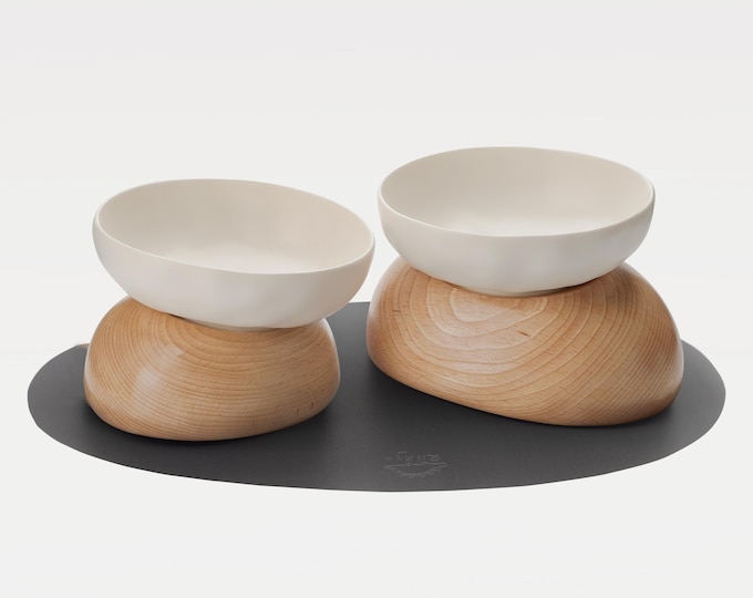 Handmade Ceramic Pet Bowl Set Beech Wood Base:  Artistic Clay Pet Feeder