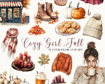 Cozy Fall Girl Watercolor Clipart, Autumn Cafe & Book PNG Bundle, 60 Illustrations