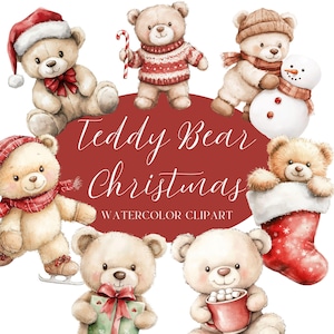 Teddybeer kerst aquarel clipart - kinderkunst - png-afbeeldingen voor persoonlijk en commercieel gebruik