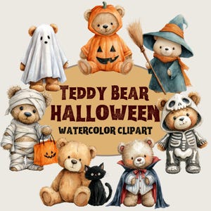 May include: Watercolor clipart featuring teddy bears dressed in Halloween costumes. The bears are depicted as a ghost, pumpkin, witch, mummy, skeleton, and vampire. A black cat is also included. The text "TEDDY BEAR HALLOWEEN WATERCOLOR CLIPART" is displayed.