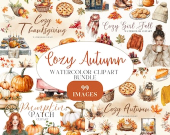 May include: A watercolor clipart bundle featuring cozy autumn and Thanksgiving themes. The set includes 99 images of pumpkins, fall leaves, a coffee shop, a cozy armchair, a woman drinking coffee, and more.