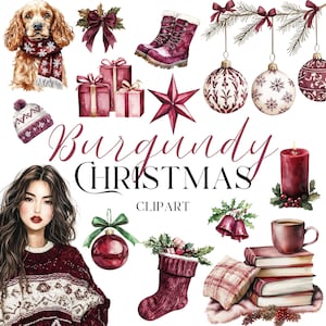 Bourgondische kerstclipart - aquarelafbeeldingen voor persoonlijk en commercieel gebruik