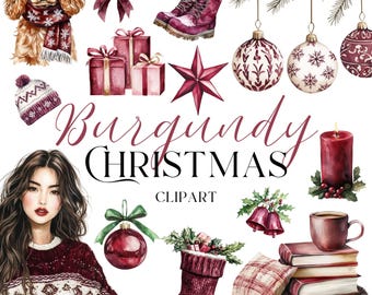 Burgundy Christmas Clipart - Watercolor Graphics for Personal and Commercial Use