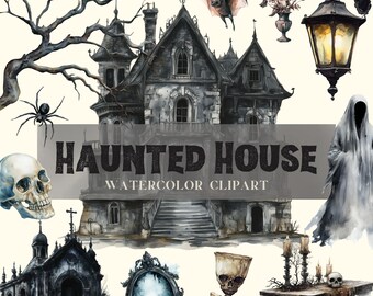 Haunted House Watercolor Clipart - Halloween Clipart - Set of Transparent PNG Images for Commercial & Personal Use