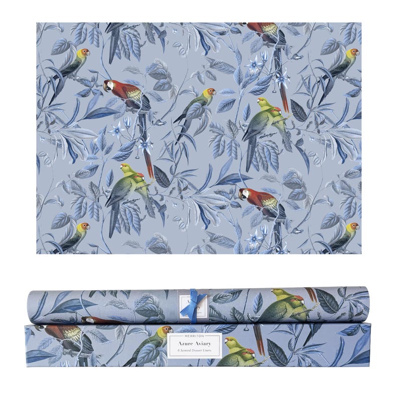 May include: A roll of blue wrapping paper and a box with a matching design. The pattern features colourful parrots and foliage on a light blue background. The box has the text "Azure Aviary" and "6 Round Dinner Liners".
