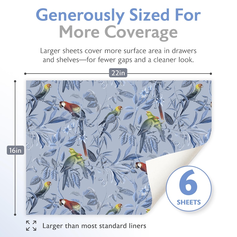 May include: Drawer liner with a blue and white botanical design featuring parrots. The liner measures 56 cm wide by 41 cm high and comes in a pack of 6 sheets. The text on the liner reads "Generously Sized For More Coverage."