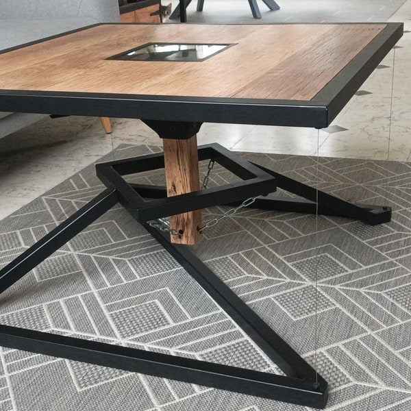 Suspended/floating coffee table in solid wood and black steel