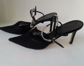 Auth Christian Dior Shoes Black Lace Crystal Evening Ankle 38 1/2 8