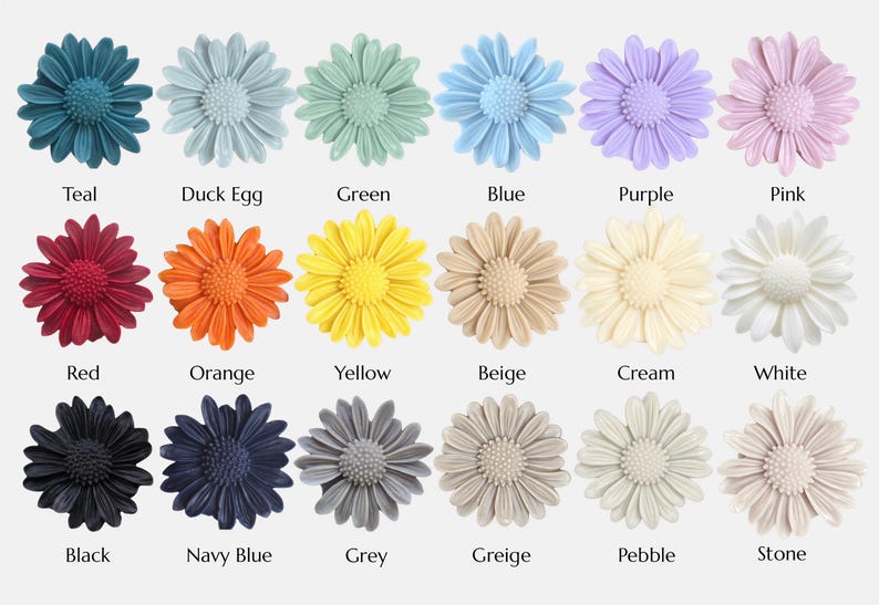 a collection of 16 different colored flowers, each with a label indicating its color.