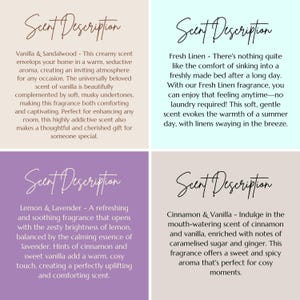 four different scent descriptions, each with a unique description of a scent. The first scent description is about a vanilla and sandalwood scent, the second one is about a fresh linen scent, the third one is about a lemon and lavender scent, and the fourth one is about cinnamon and vanilla scents.