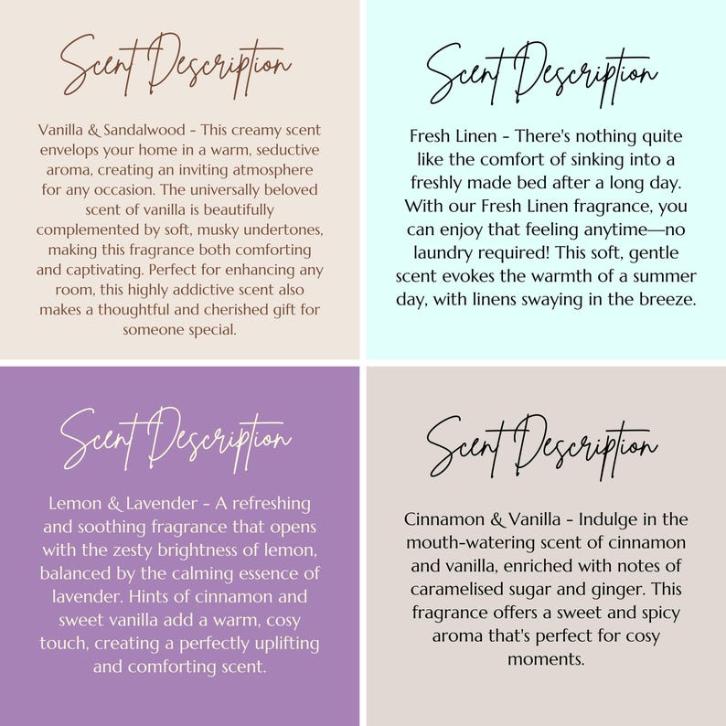 four different scent descriptions, each with a unique description of a scent. The first scent description is about a vanilla and sandalwood scent, the second one is about a fresh linen scent, the third one is about a lemon and lavender scent, and the fourth one is about cinnamon and vanilla scents.