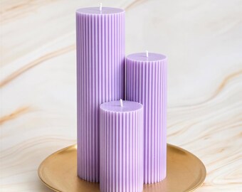 Tall Large Ribbed Pillar Candles - Scented / Unscented Handmade Coconut Wax Blend - Purple Lilac