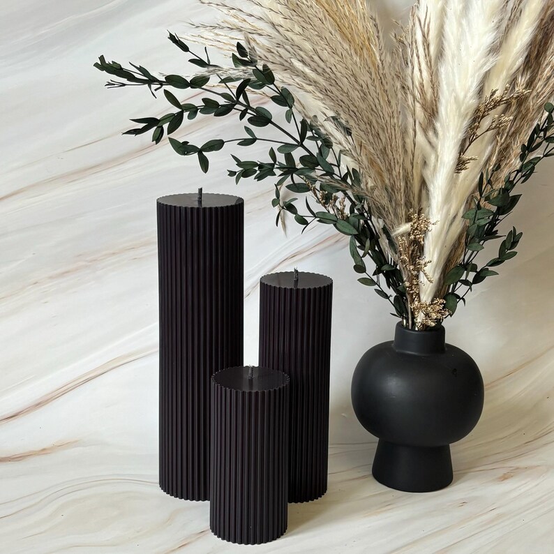 Tall Ribbed Large Black Scented Pillar Candles Decorative Handmade tall-ribbed-large-black-scented-pillar-candles-decorative-handmade