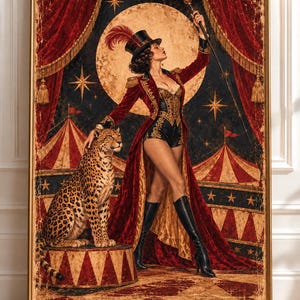 Vintage cirkusdirektör konsttryck, kvinna med leopard, maximalistisk väggdekor