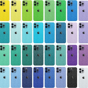 May include: A collection of 36 iPhone cases with various glitter finishes. The cases are arranged in a grid pattern, showcasing a range of colors including yellow, green, blue, purple, and black. Each case features a subtle sparkle effect.